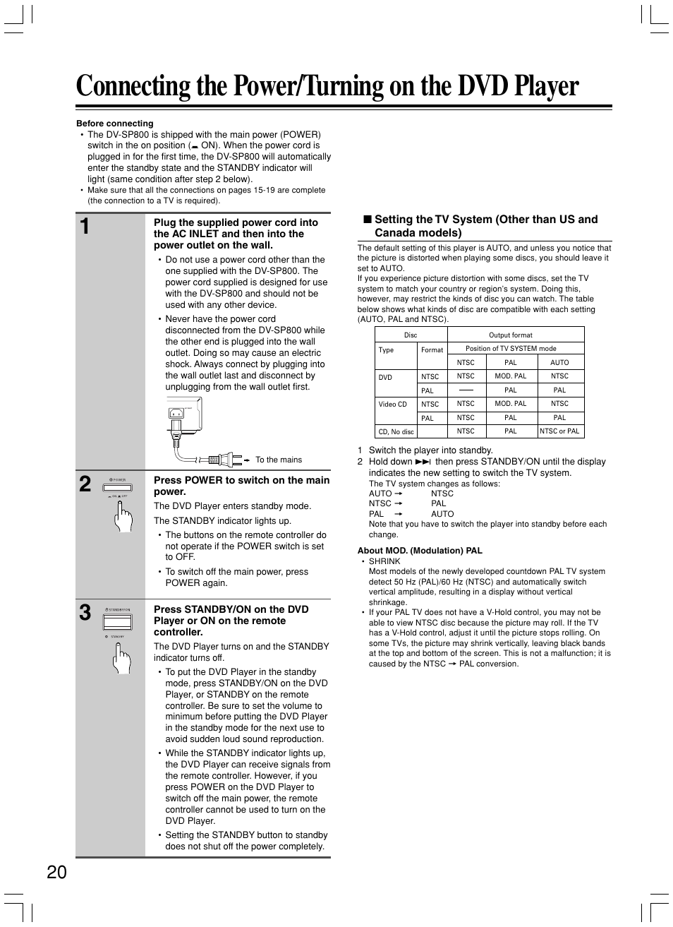 Connecting the power/turning on the dvd player | Onkyo DV-SP800 User Manual | Page 20 / 76