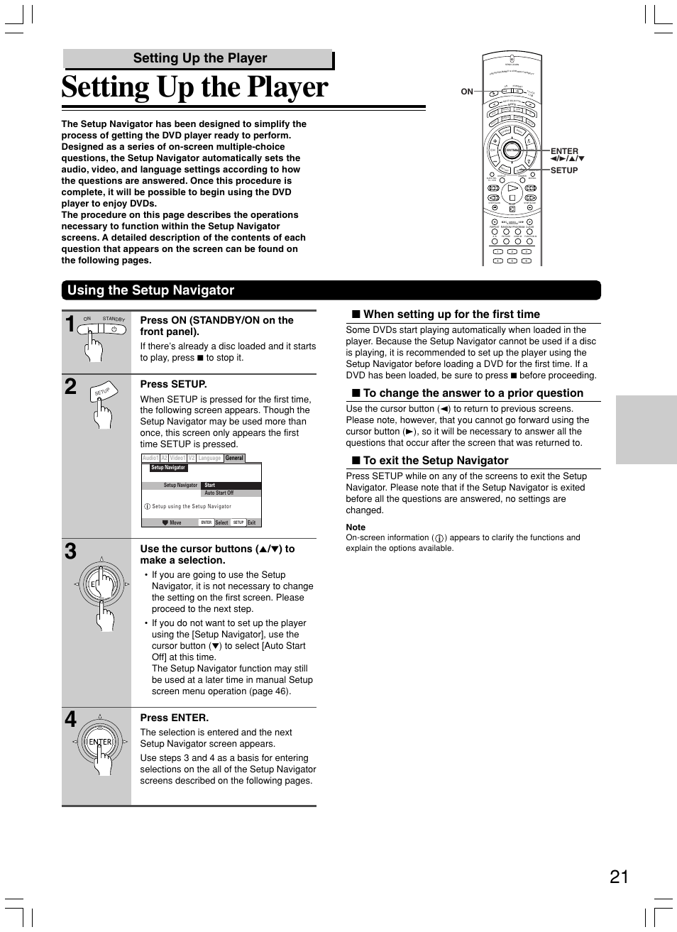 Setting up the player, Using the setup navigator, When setting up for the first time | Press on (standby/on on the front panel), Press setup, Press enter | Onkyo DV-SP800 User Manual | Page 21 / 76