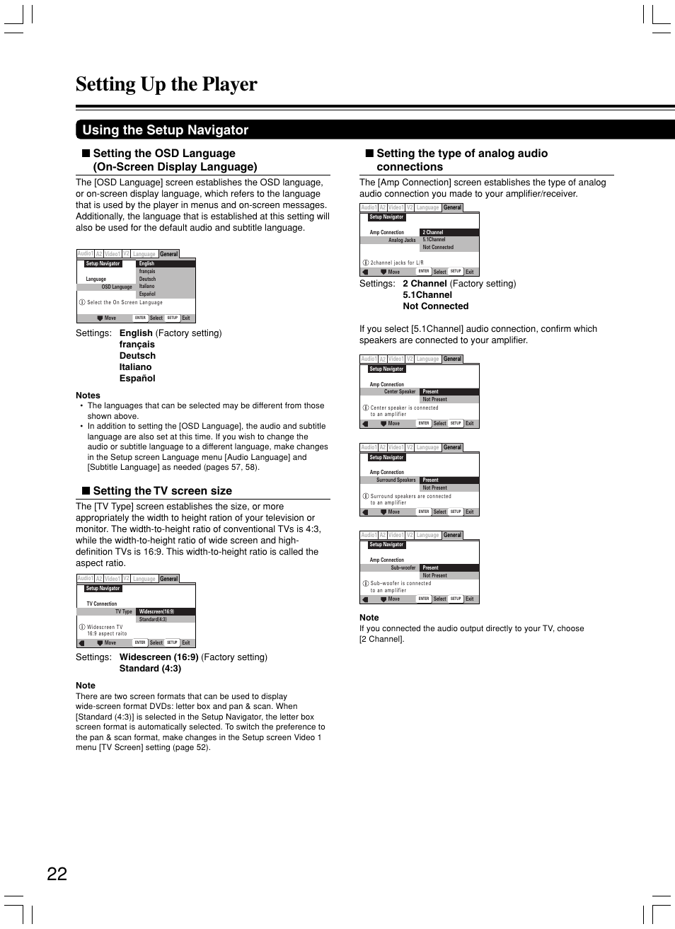 Setting up the player, Using the setup navigator, Setting the tv screen size | Setting the type of analog audio connections | Onkyo DV-SP800 User Manual | Page 22 / 76