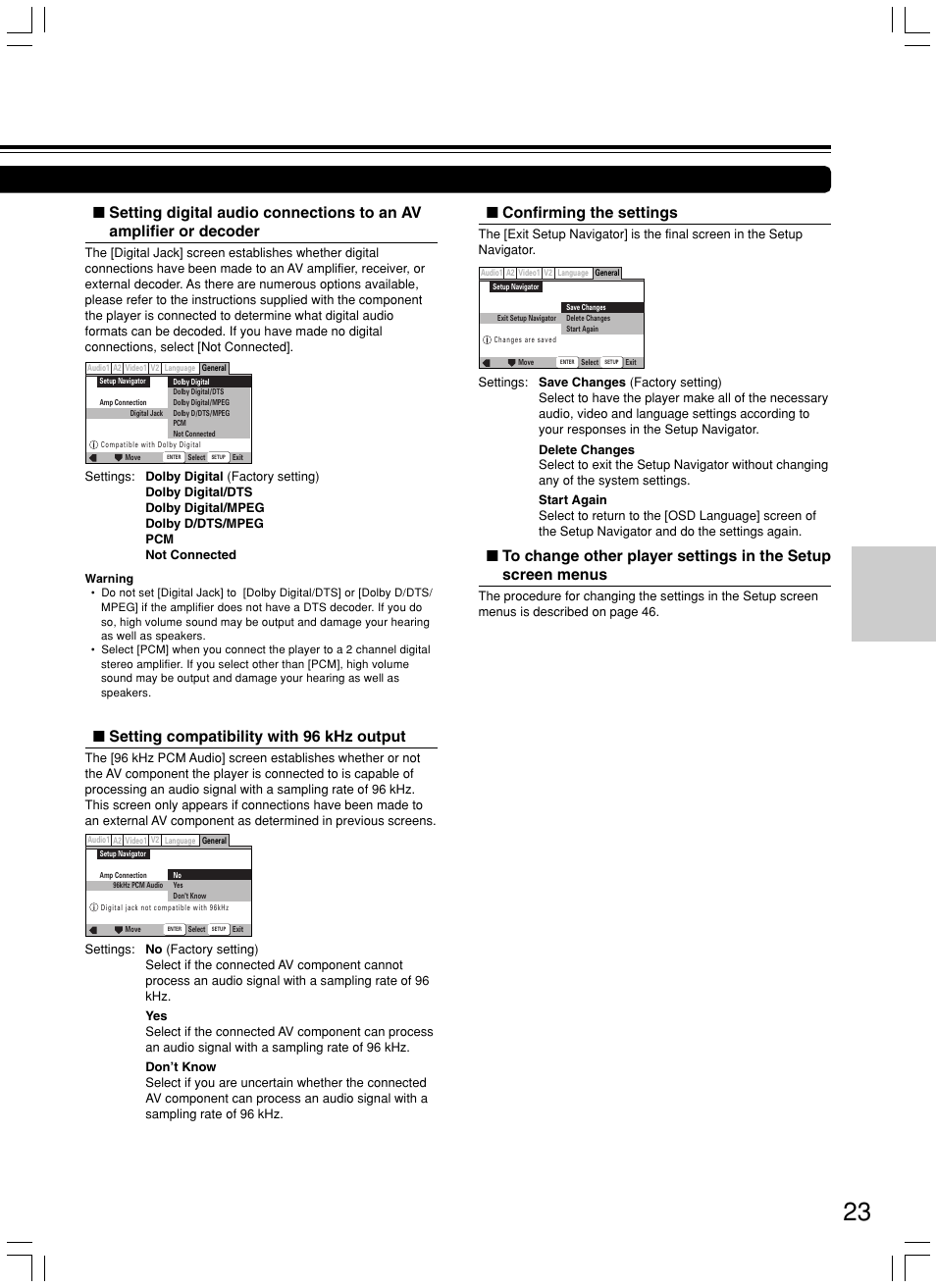 Confirming the settings, Setting compatibility with 96 khz output | Onkyo DV-SP800 User Manual | Page 23 / 76