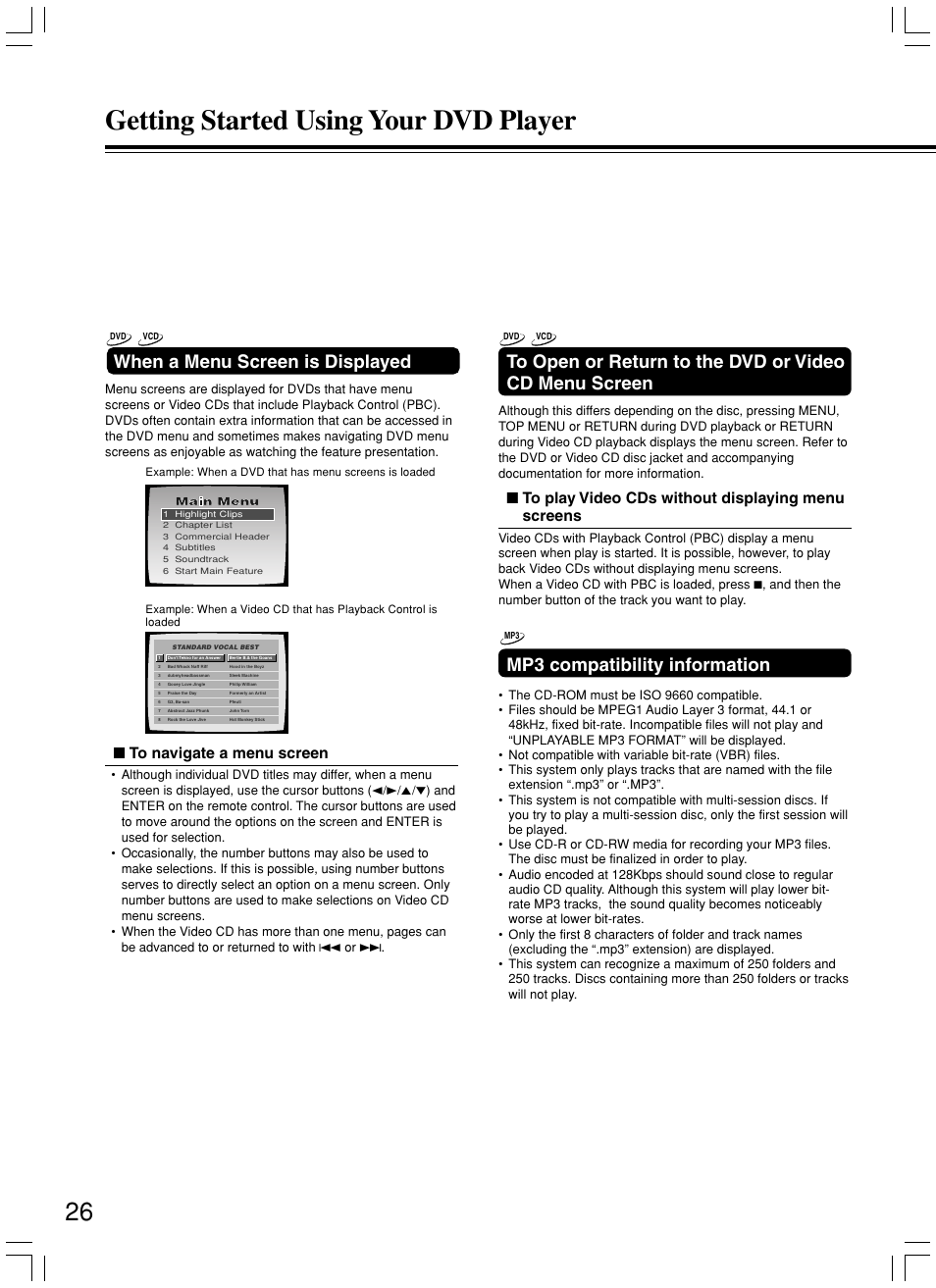 Getting started using your dvd player, When a menu screen is displayed, Mp3 compatibility information | Onkyo DV-SP800 User Manual | Page 26 / 76