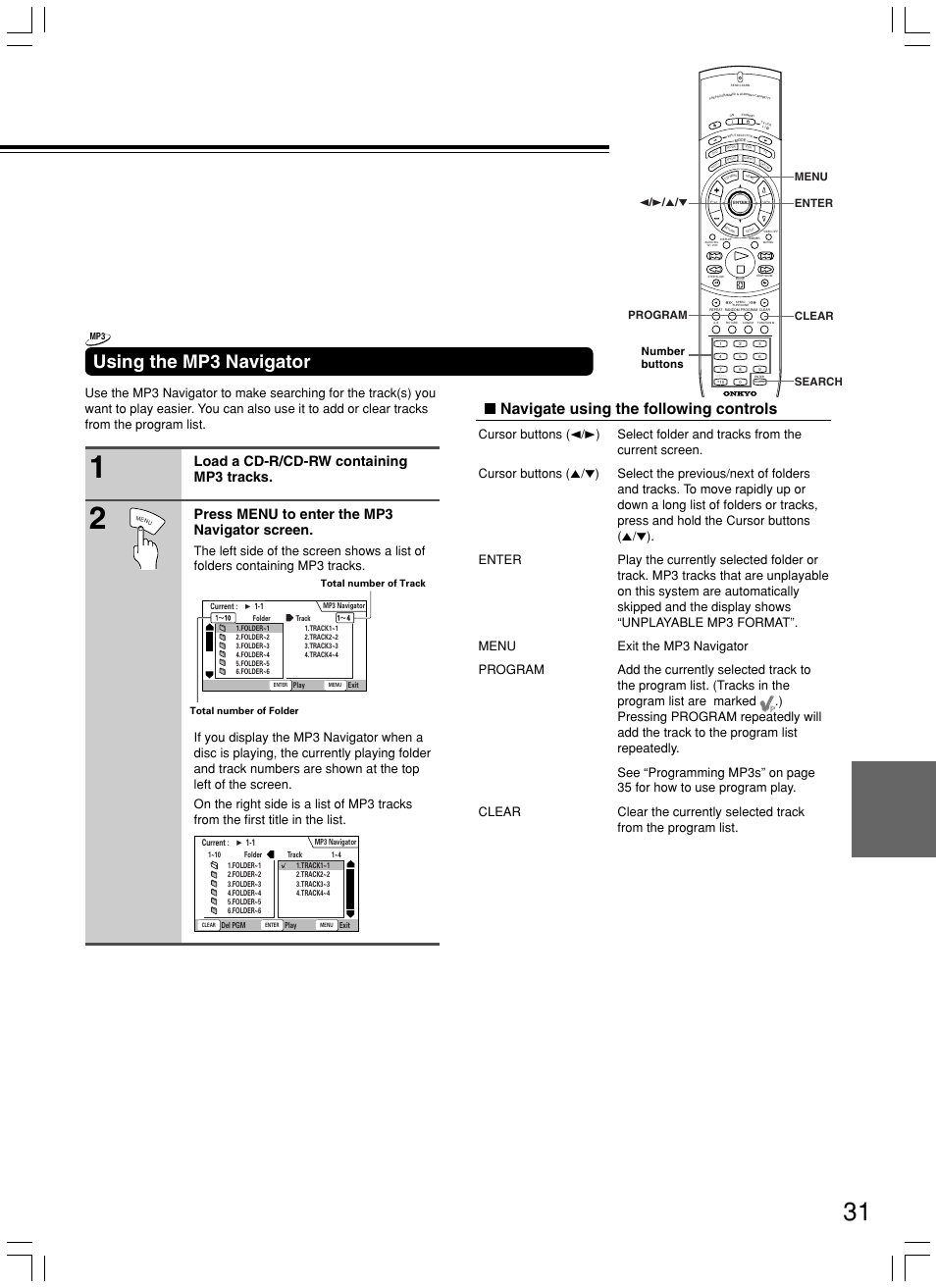 Using the mp3 navigator, Navigate using the following controls, 2 / 3 / 5 / ∞ enter menu search program clear | Number buttons | Onkyo DV-SP800 User Manual | Page 31 / 76