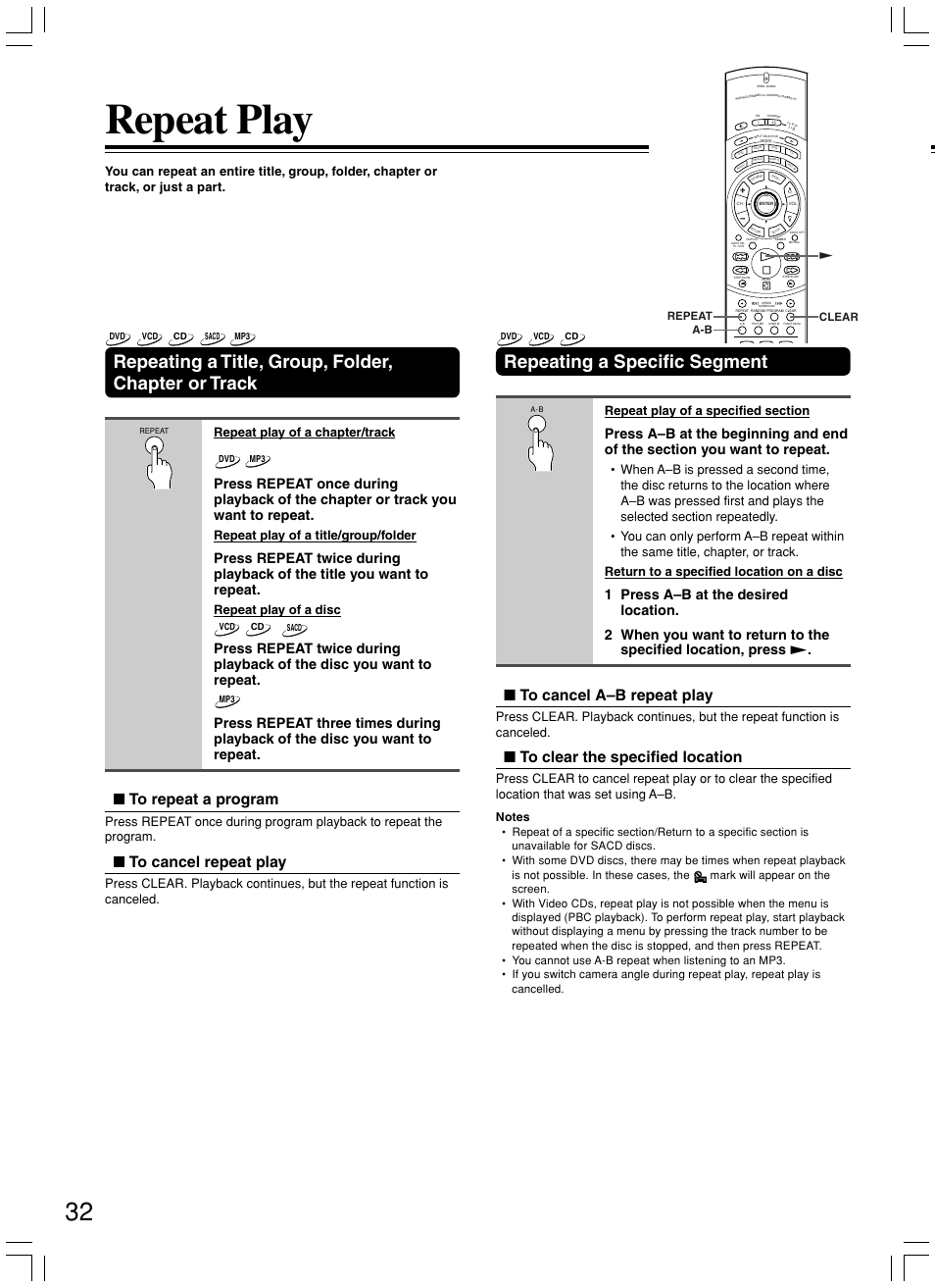Repeat play, Repeating a title, group, folder, chapter or track, Repeating a specific segment | Repeat play of a chapter/track, Repeat play of a title/group/folder, Repeat play of a disc | Onkyo DV-SP800 User Manual | Page 32 / 76