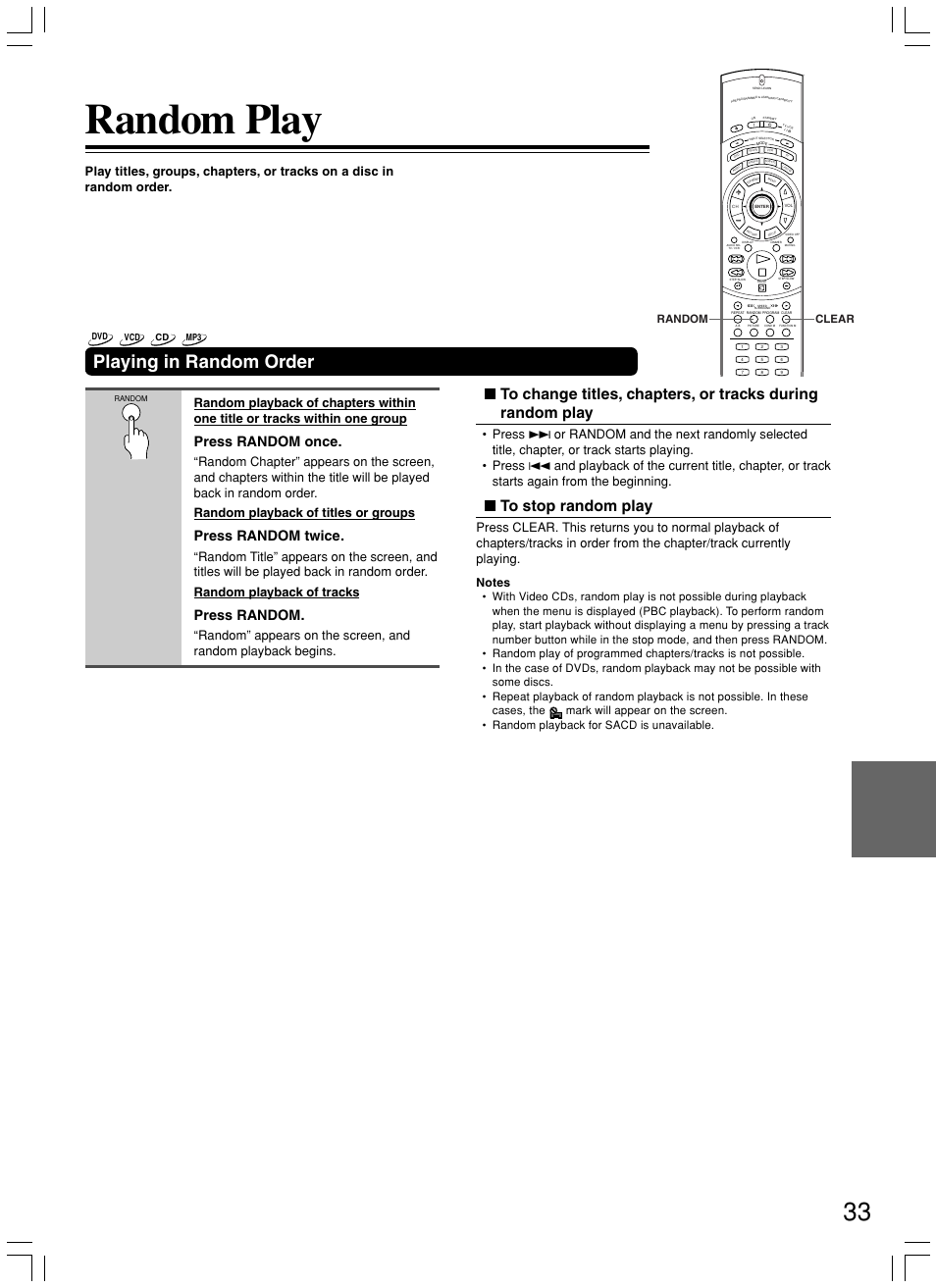 Random play, Playing in random order, Press random once | Press random twice, Press random, Clear random | Onkyo DV-SP800 User Manual | Page 33 / 76