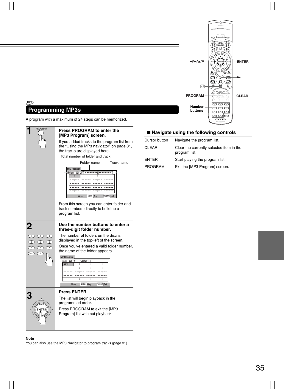 Programming mp3s, Navigate using the following controls, Press program to enter the [mp3 program] screen | Press enter, 2 / 3 / 5 / ∞ enter £ program clear, Number buttons | Onkyo DV-SP800 User Manual | Page 35 / 76