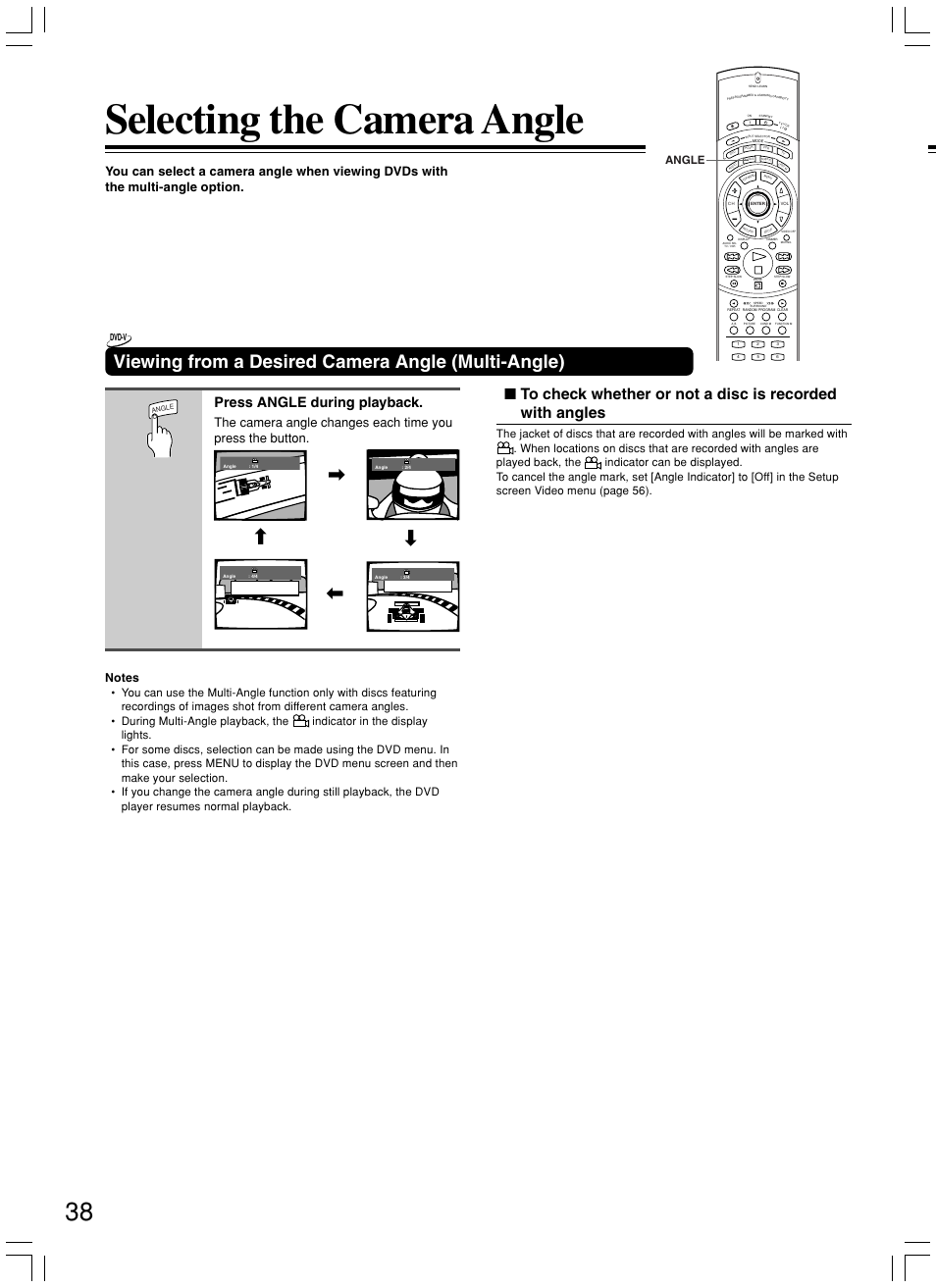 Selecting the camera angle, Viewing from a desired camera angle (multi-angle), Press angle during playback | Angle | Onkyo DV-SP800 User Manual | Page 38 / 76