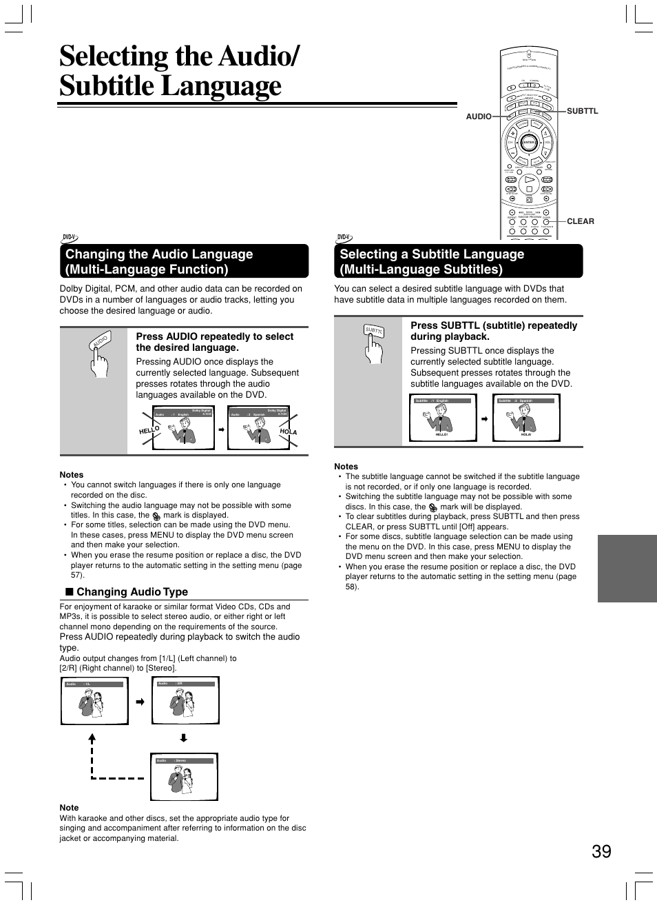 Selecting the audio/ subtitle language, Changing audio type, Press subttl (subtitle) repeatedly during playback | Audio subttl clear | Onkyo DV-SP800 User Manual | Page 39 / 76