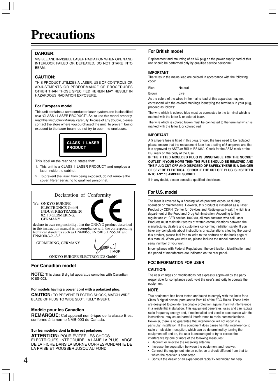 Precautions, Declaration of conformity | Onkyo DV-SP800 User Manual | Page 4 / 76