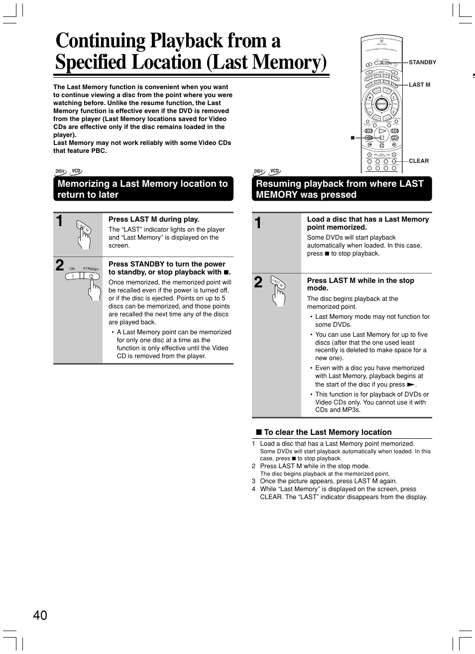 Press last m while in the stop mode, Press last m during play, 2 press last m while in the stop mode | Onkyo DV-SP800 User Manual | Page 40 / 76