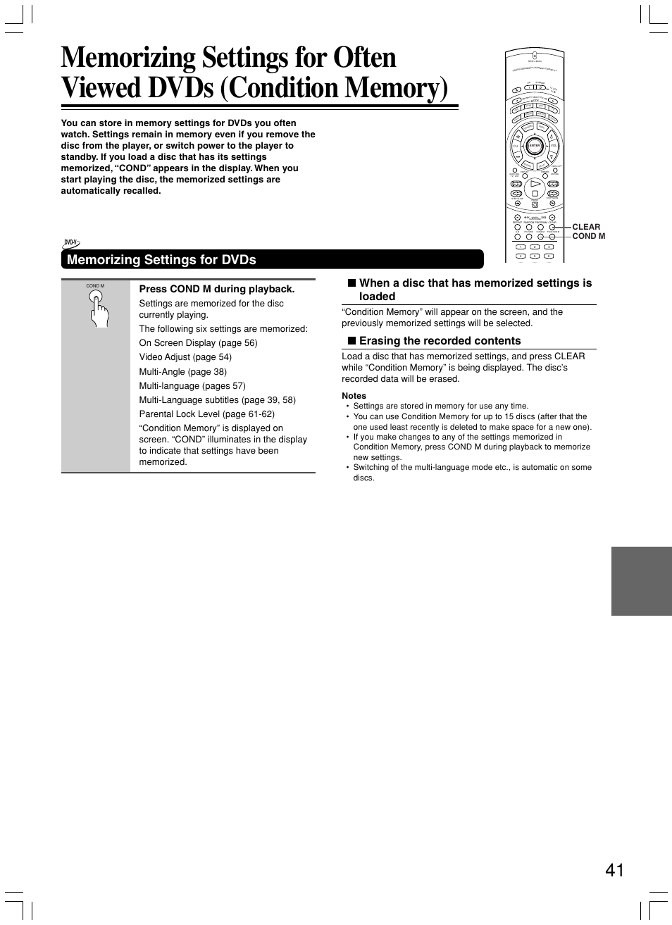 Erasing the recorded contents, Press cond m during playback, Cond m clear | Onkyo DV-SP800 User Manual | Page 41 / 76