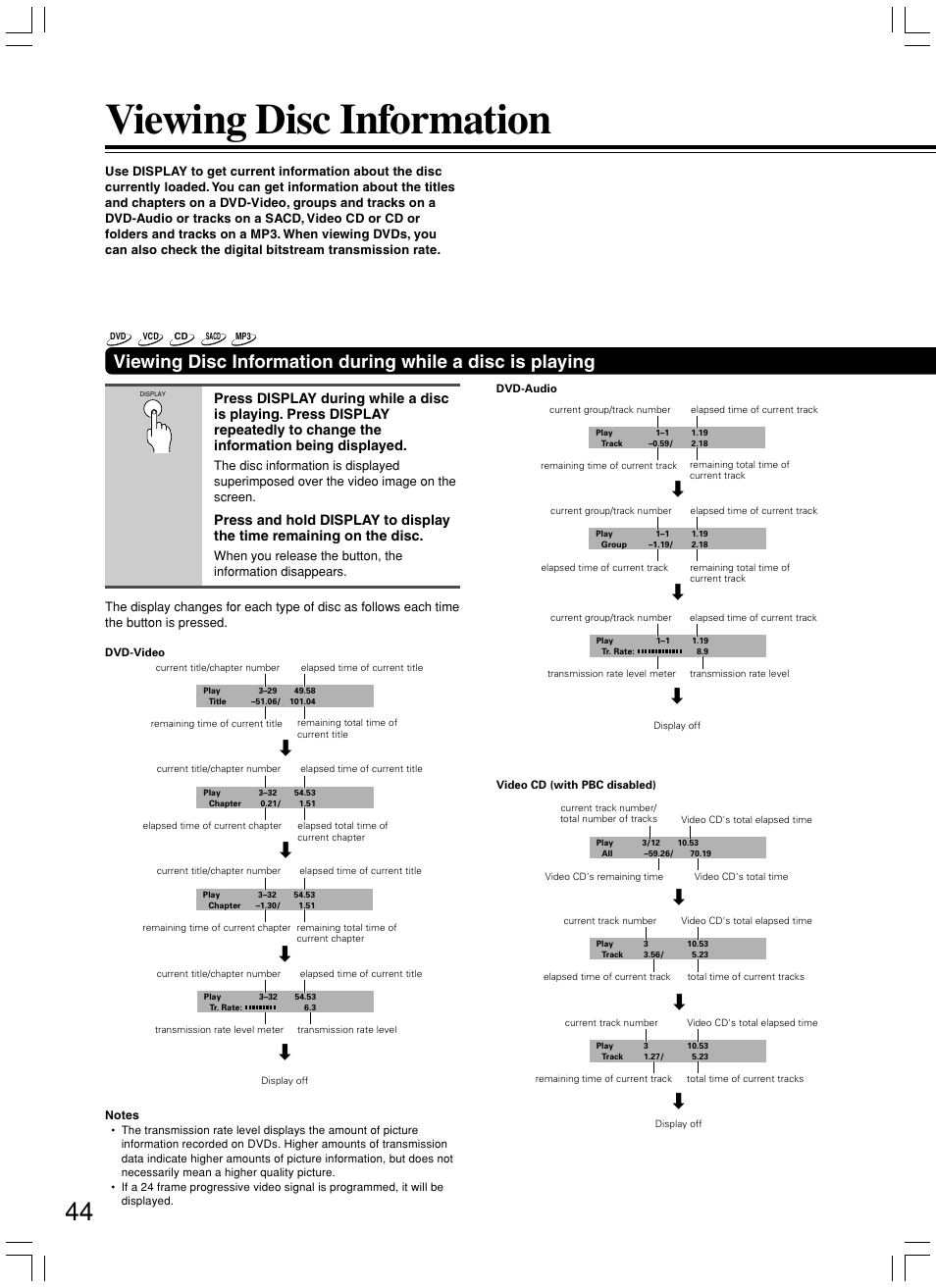 Viewing disc information | Onkyo DV-SP800 User Manual | Page 44 / 76