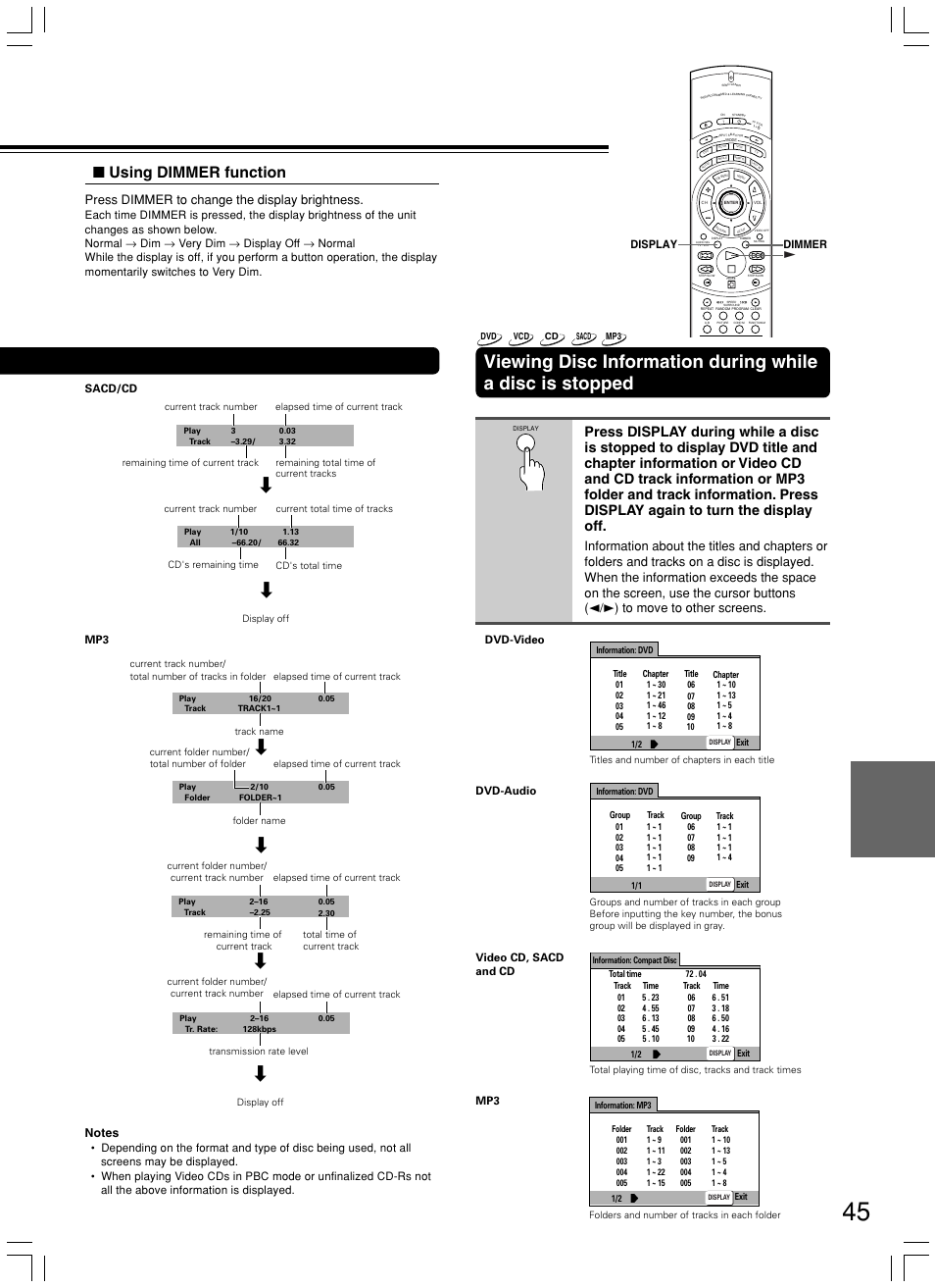 Using dimmer function, Press dimmer to change the display brightness | Onkyo DV-SP800 User Manual | Page 45 / 76