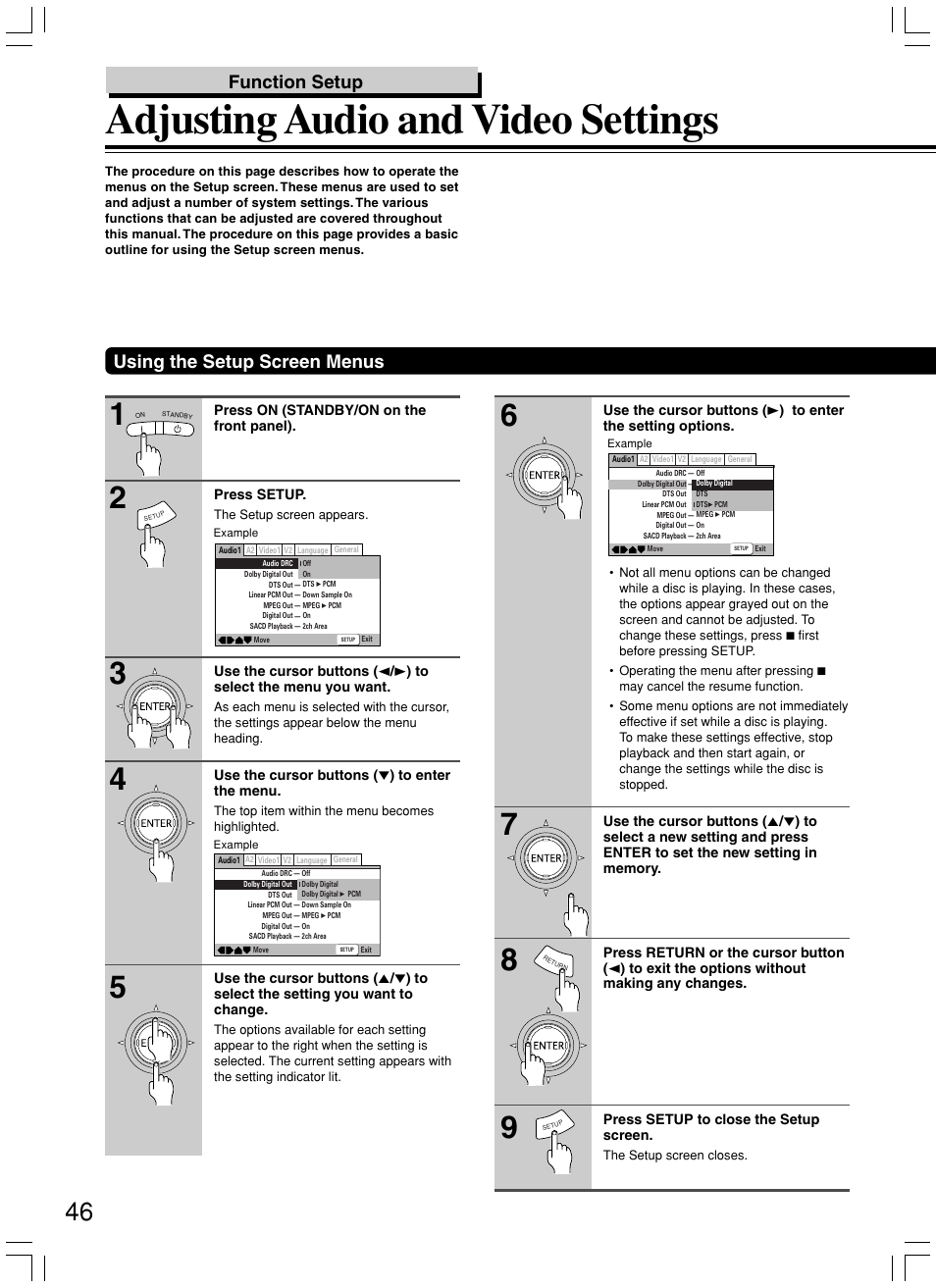 Adjusting audio and video settings, Using the setup screen menus, Function setup | Onkyo DV-SP800 User Manual | Page 46 / 76