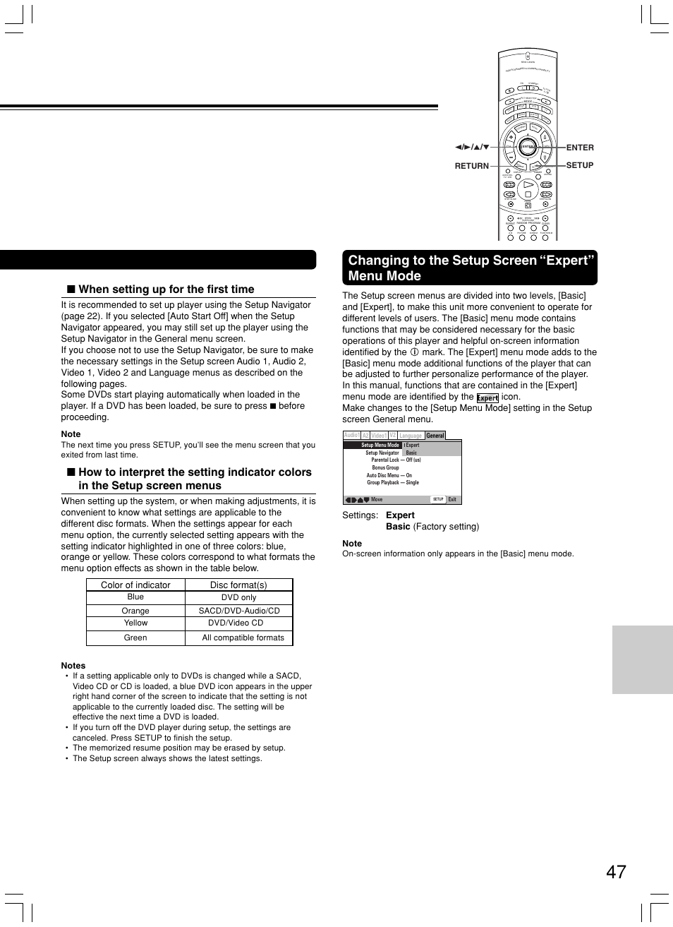Changing to the setup screen “expert” menu mode, When setting up for the first time, Color of indicator disc format(s) | Settings: expert basic (factory setting), Expert, Enter setup 2 / 3 / 5, Return yellow dvd/video cd | Onkyo DV-SP800 User Manual | Page 47 / 76