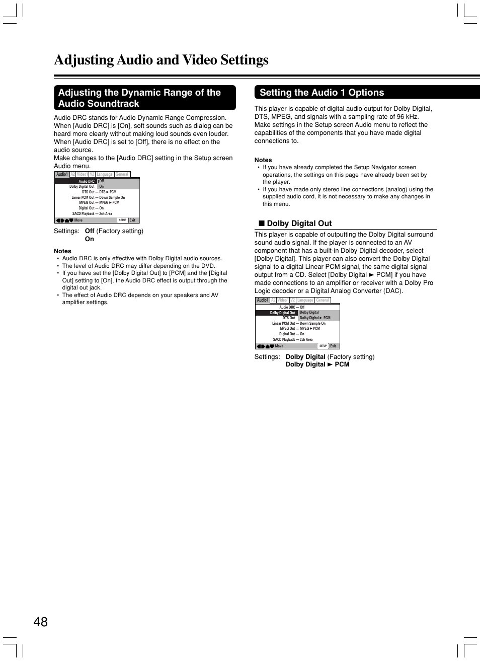 Adjusting audio and video settings, Setting the audio 1 options, Dolby digital out | Onkyo DV-SP800 User Manual | Page 48 / 76