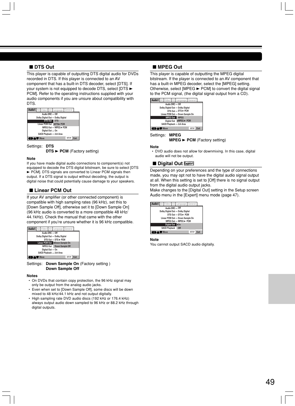 Dts out, Mpeg out, Linear pcm out | Digital out, Settings: dts dts 3 pcm (factory setting), Settings: mpeg mpeg 3 pcm (factory setting) | Onkyo DV-SP800 User Manual | Page 49 / 76