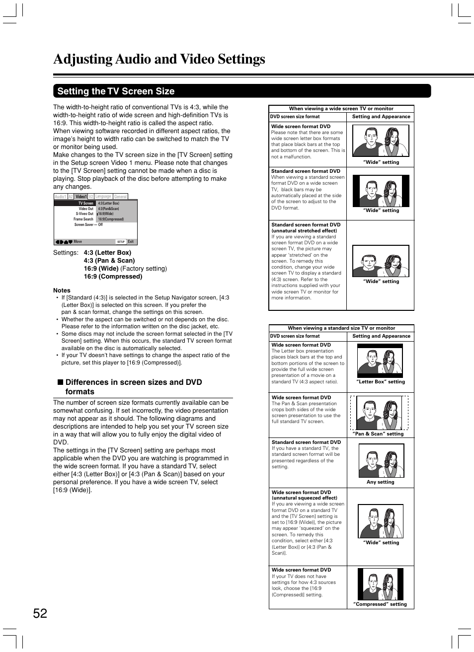 Adjusting audio and video settings, Setting the tv screen size, Differences in screen sizes and dvd formats | Onkyo DV-SP800 User Manual | Page 52 / 76