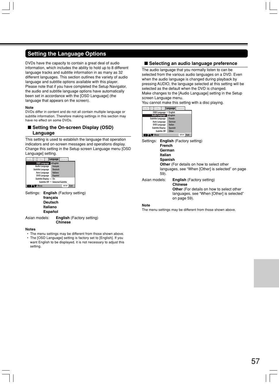 Setting the language options, Setting the on-screen display (osd) language, Selecting an audio language preference | Onkyo DV-SP800 User Manual | Page 57 / 76