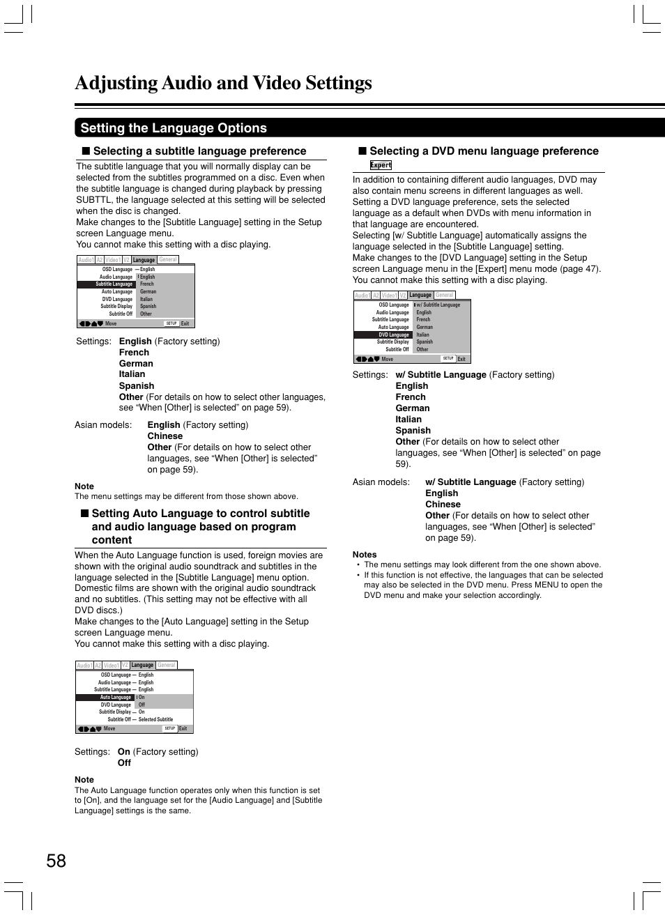 Adjusting audio and video settings, Setting the language options, Selecting a subtitle language preference | Selecting a dvd menu language preference | Onkyo DV-SP800 User Manual | Page 58 / 76