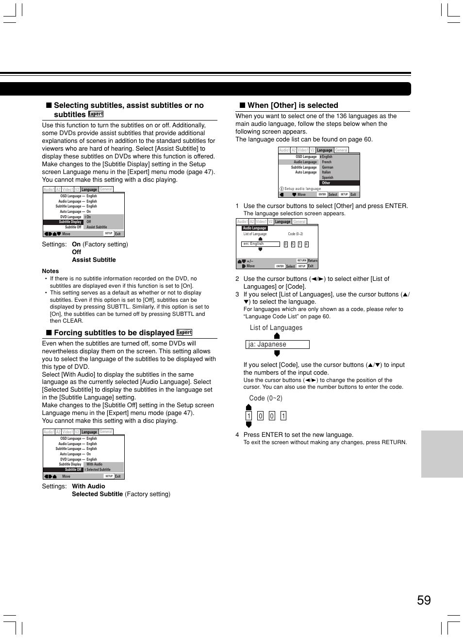 When [other] is selected, Forcing subtitles to be displayed | Onkyo DV-SP800 User Manual | Page 59 / 76