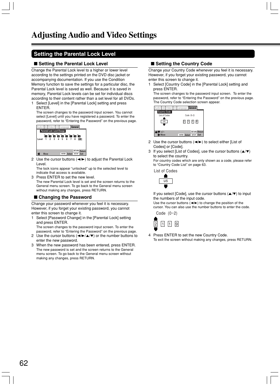 Adjusting audio and video settings, Setting the parental lock level, Changing the password | Setting the country code | Onkyo DV-SP800 User Manual | Page 62 / 76