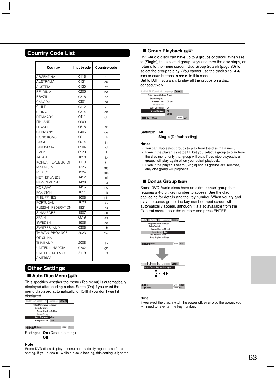 Other settings, Country code list, Auto disc menu | Group playback, Bonus group | Onkyo DV-SP800 User Manual | Page 63 / 76