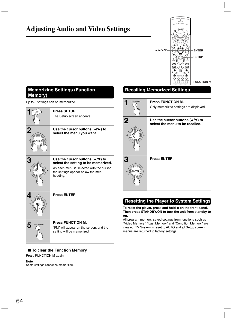 Adjusting audio and video settings, Resetting the player to system settings, Press setup | Press enter. press function m, Press function m, The setup screen appears, Press function m again | Onkyo DV-SP800 User Manual | Page 64 / 76