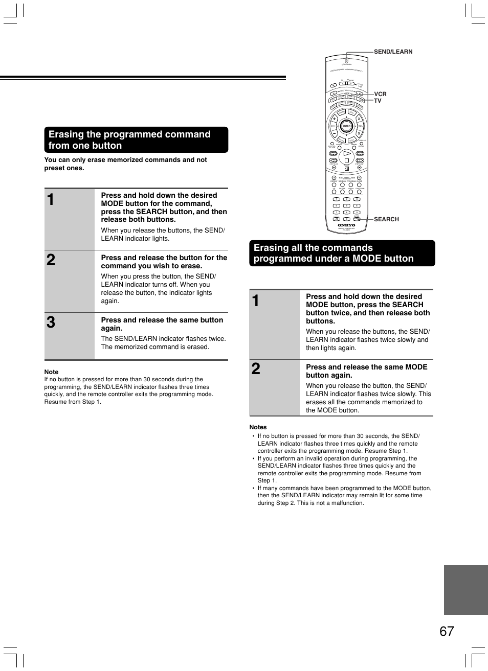 Erasing the programmed command from one button, Press and release the same button again, Press and release the same mode button again | Search send/learn, Vcr tv | Onkyo DV-SP800 User Manual | Page 67 / 76