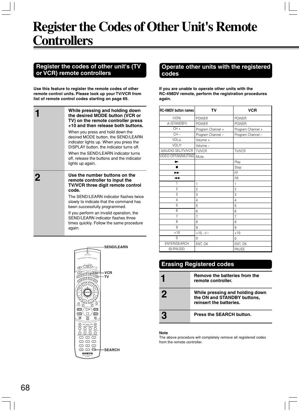 Operate other units with the registered codes, Erasing registered codes, Rc-498dv button names tv | Onkyo DV-SP800 User Manual | Page 68 / 76