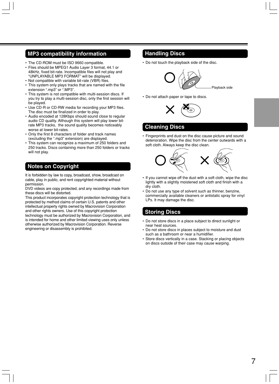 Cleaning discs, Storing discs, Handling discs | Mp3 compatibility information | Onkyo DV-SP800 User Manual | Page 7 / 76