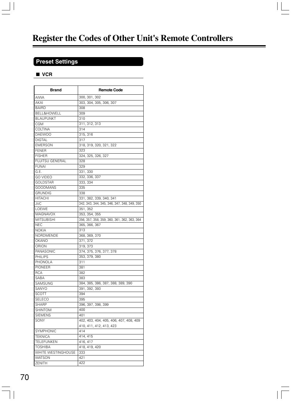 Preset settings | Onkyo DV-SP800 User Manual | Page 70 / 76