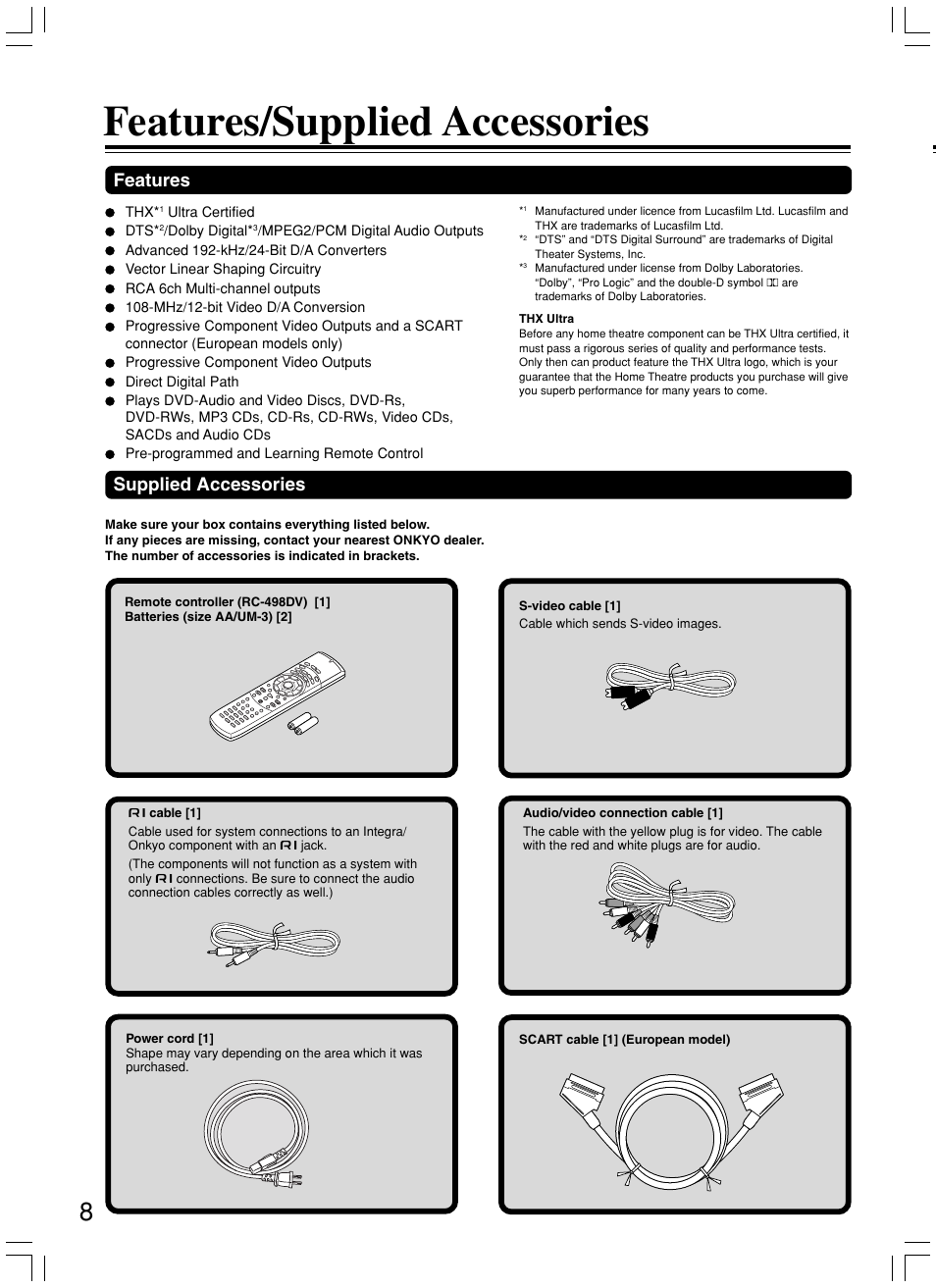 Features/supplied accessories, Supplied accessories, Features | Onkyo DV-SP800 User Manual | Page 8 / 76