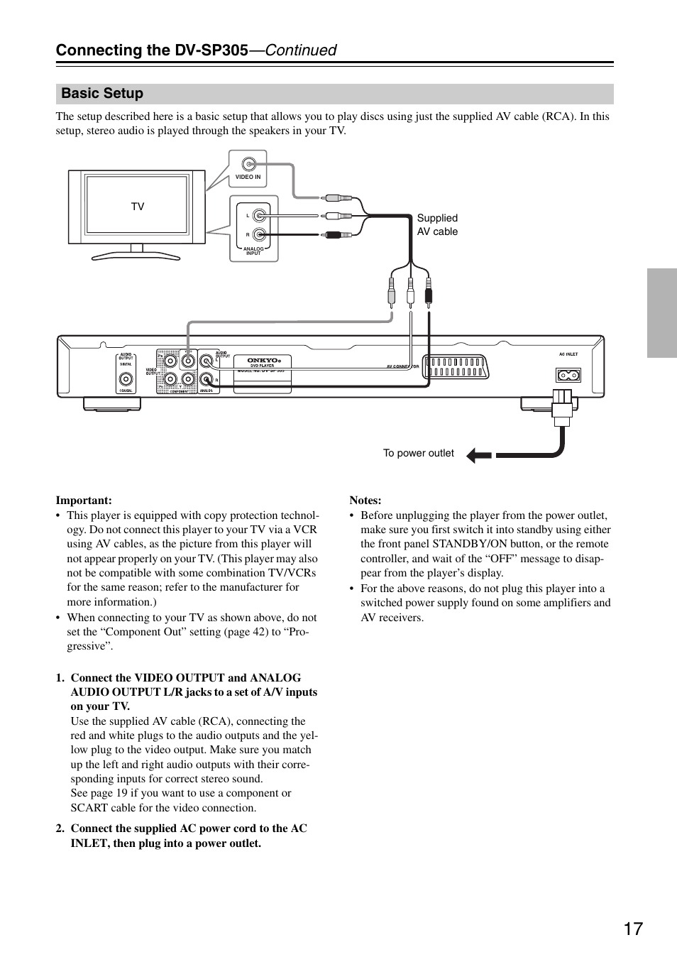 Connecting the dv-sp305 —continued, Basic setup | Onkyo DV-SP305 User Manual | Page 17 / 56