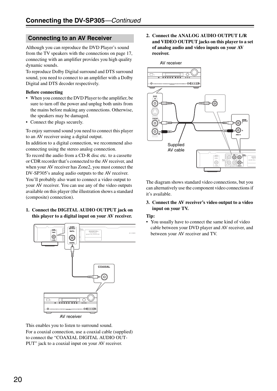 Connecting the dv-sp305 —continued, Connecting to an av receiver | Onkyo DV-SP305 User Manual | Page 20 / 56