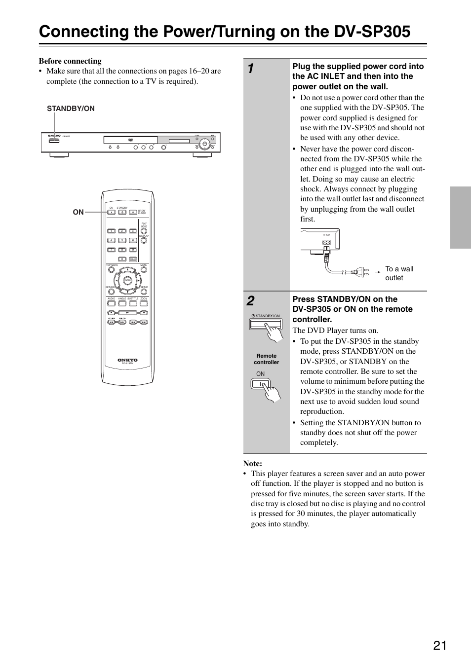 Connecting the power/turning on the dv-sp305 | Onkyo DV-SP305 User Manual | Page 21 / 56