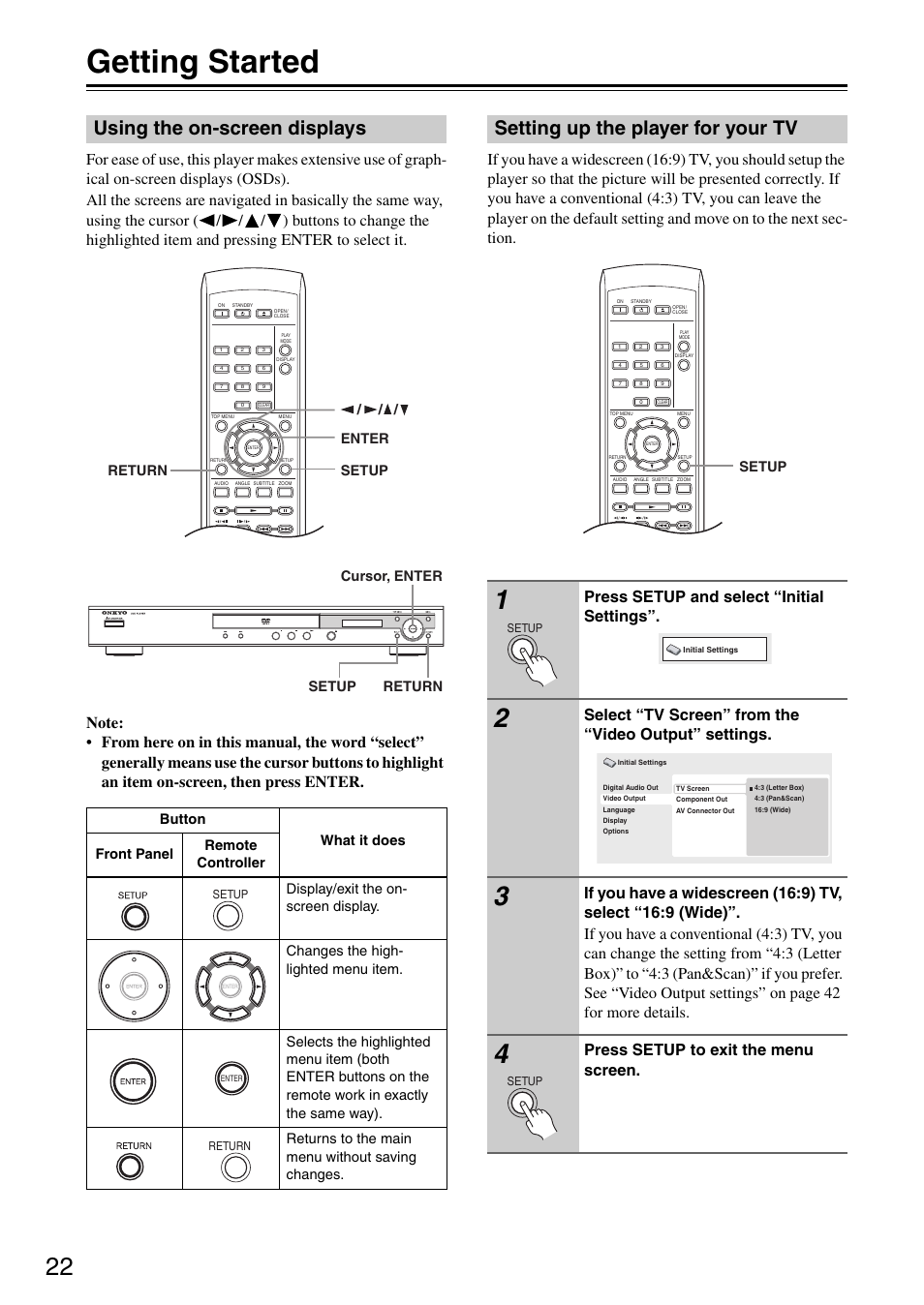 Getting started, Using the on-screen displays, Setting up the player for your tv | Press setup and select “initial settings, Press setup to exit the menu screen, Setup | Onkyo DV-SP305 User Manual | Page 22 / 56
