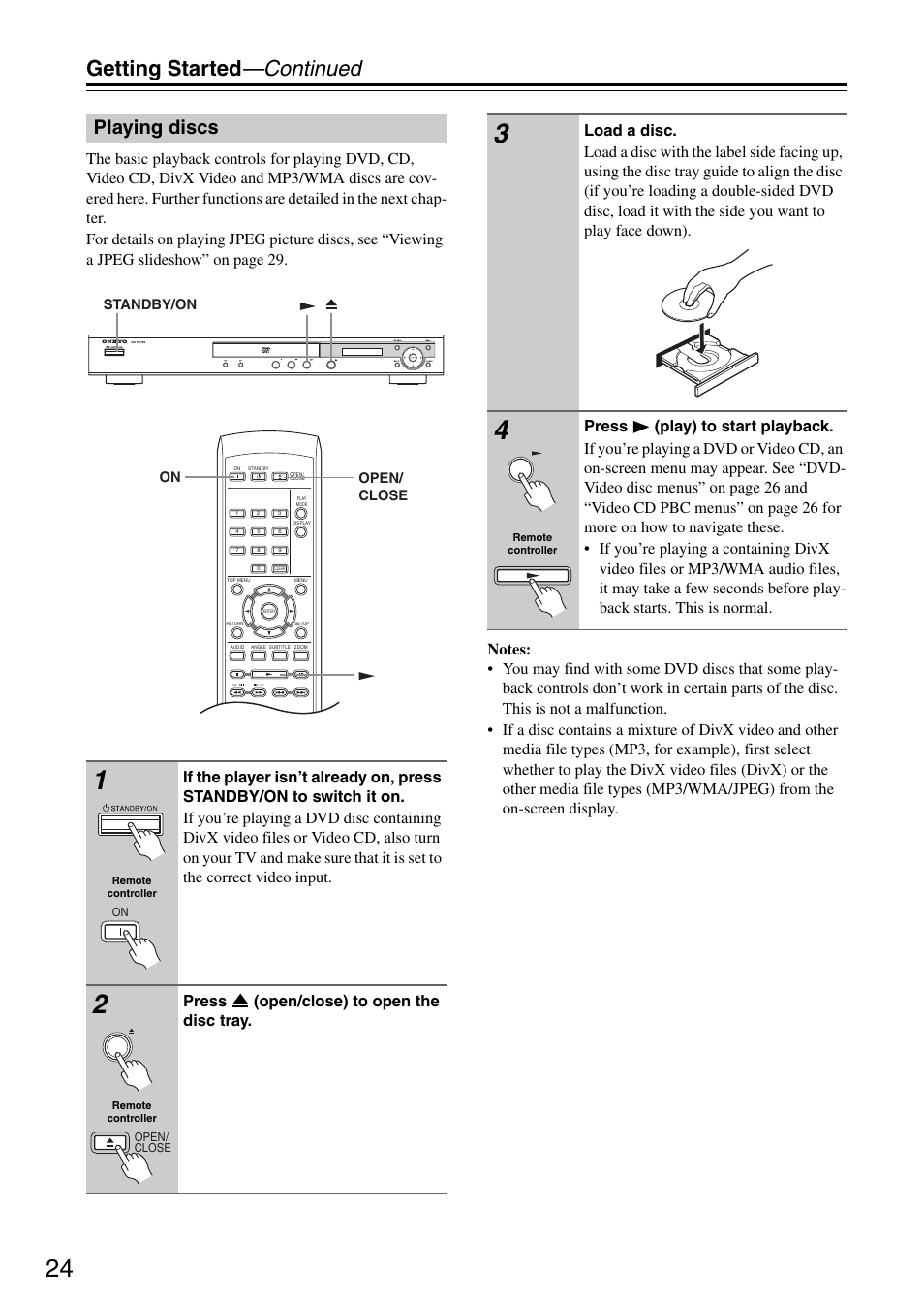 Getting started —continued, Playing discs, Press (open/close) to open the disc tray | Onkyo DV-SP305 User Manual | Page 24 / 56