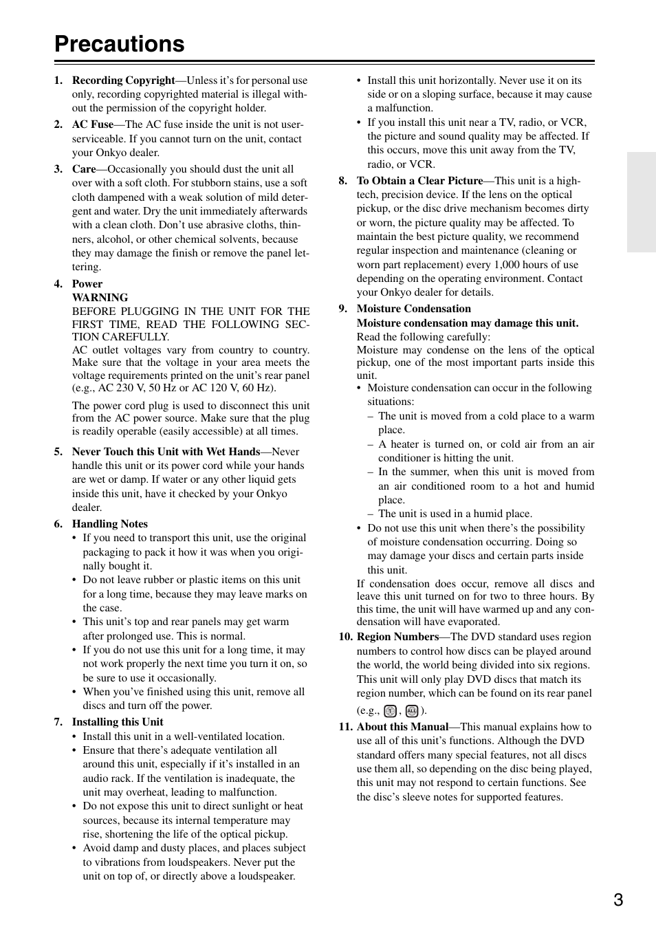 Precautions | Onkyo DV-SP305 User Manual | Page 3 / 56
