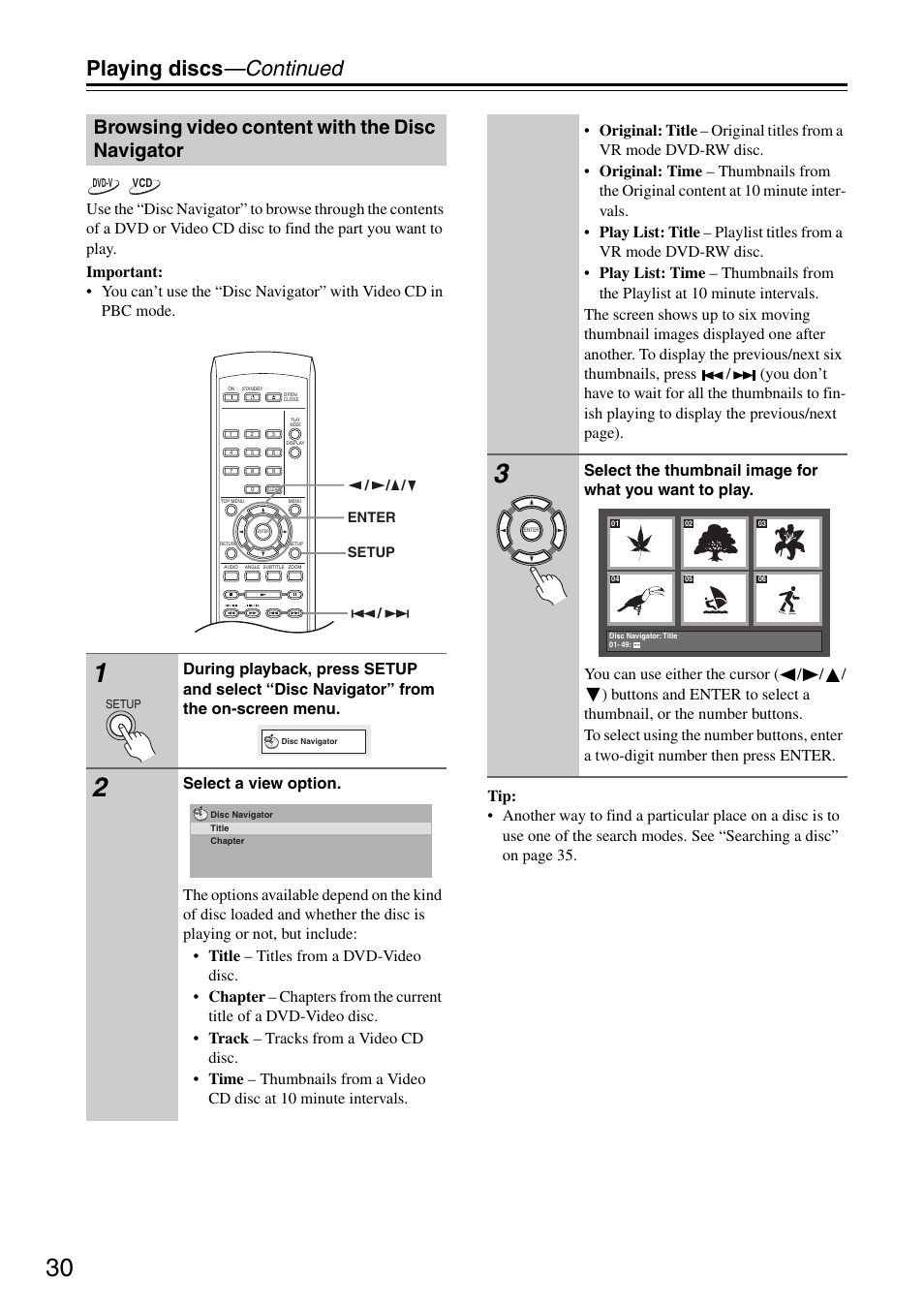 Playing discs —continued, Browsing video content with the disc navigator | Onkyo DV-SP305 User Manual | Page 30 / 56