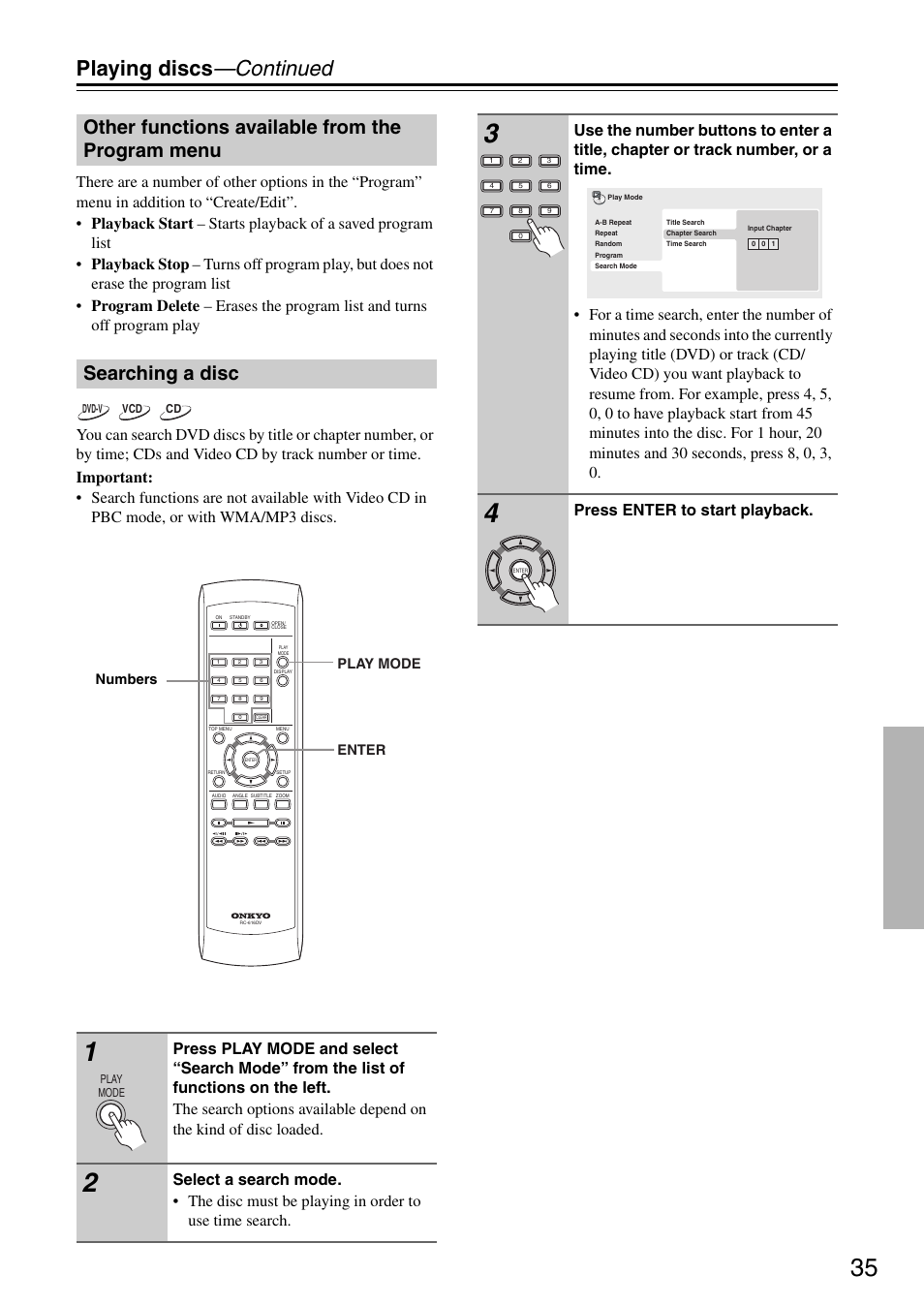 Playing discs —continued, Press enter to start playback, Play mode enter numbers | Onkyo DV-SP305 User Manual | Page 35 / 56