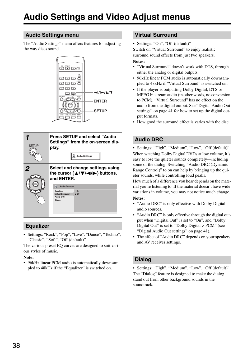 Audio settings and video adjust menus, Audio settings menu, Equalizer | Virtual surround audio drc dialog | Onkyo DV-SP305 User Manual | Page 38 / 56