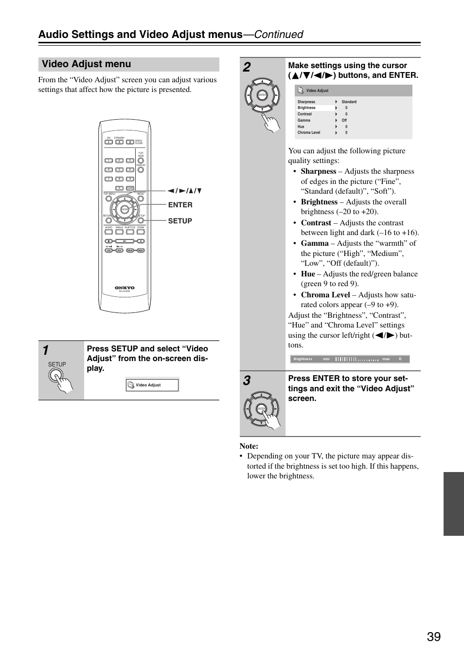 Audio settings and video adjust menus —continued, Video adjust menu | Onkyo DV-SP305 User Manual | Page 39 / 56