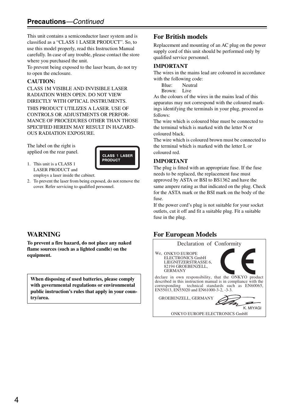 Precautions —continued, Warning, For british models | For european models | Onkyo DV-SP305 User Manual | Page 4 / 56