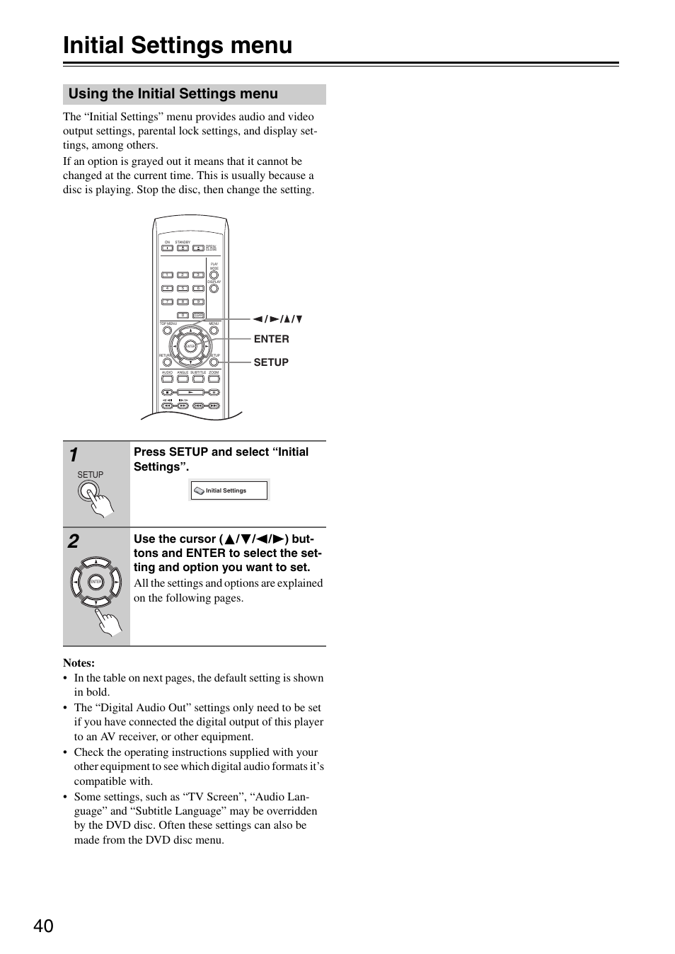 Initial settings menu, Using the initial settings menu, Press setup and select “initial settings | Onkyo DV-SP305 User Manual | Page 40 / 56
