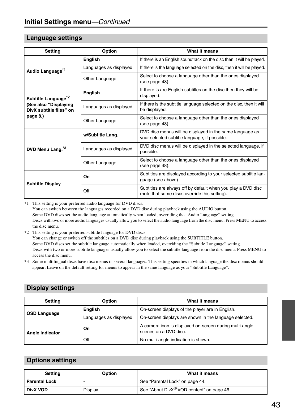 Initial settings menu —continued, Language settings, Display settings | Options settings | Onkyo DV-SP305 User Manual | Page 43 / 56