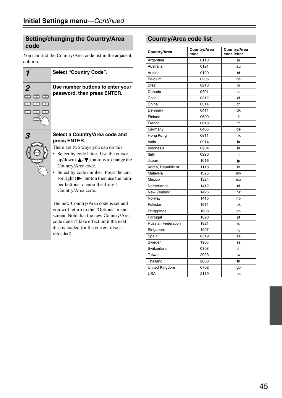 Initial settings menu —continued, Setting/changing the country/area code, Country/area code list | Onkyo DV-SP305 User Manual | Page 45 / 56