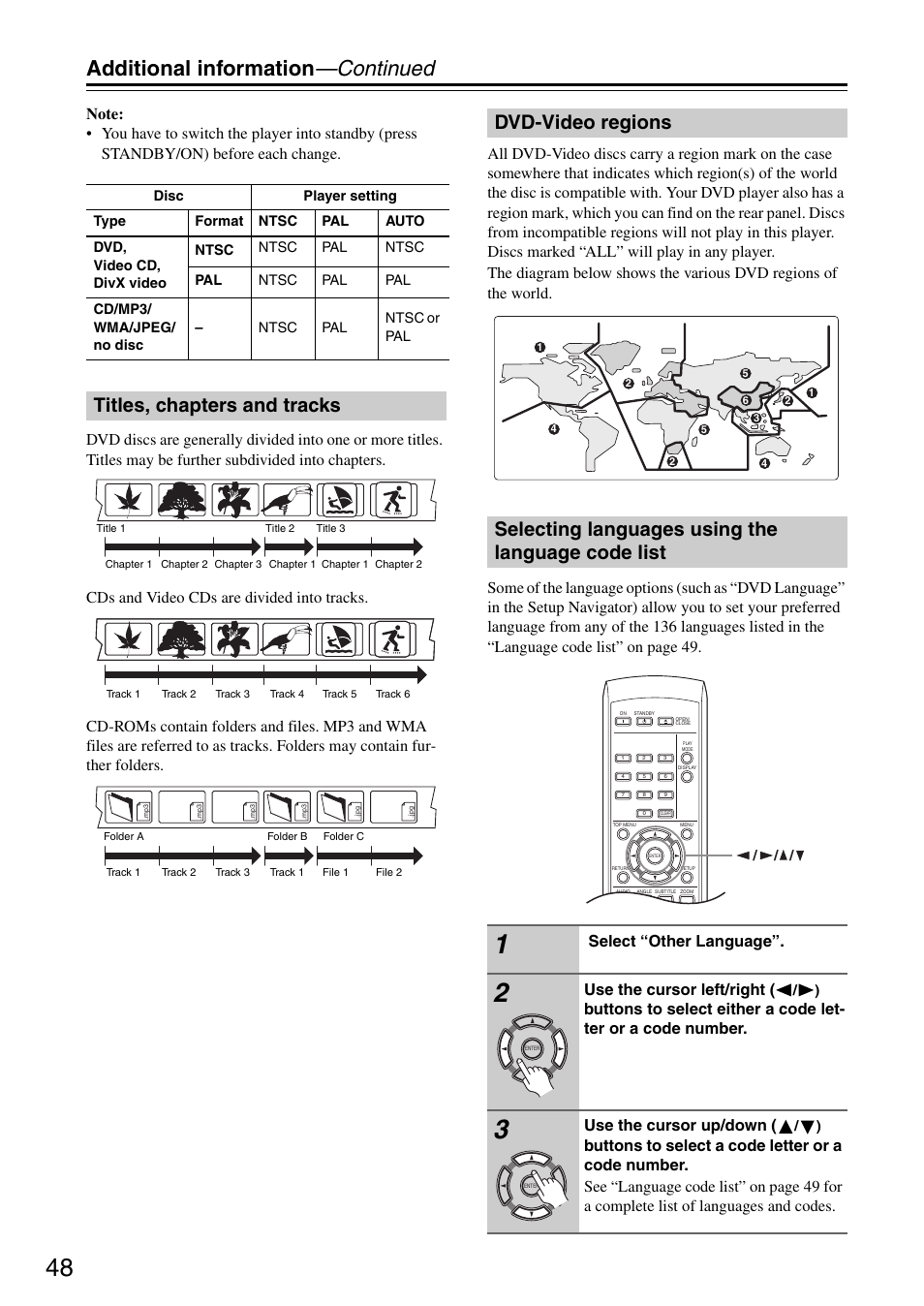 Additional information —continued, Titles, chapters and tracks, Select “other language | Use the cursor left/right, Use the cursor up/down | Onkyo DV-SP305 User Manual | Page 48 / 56