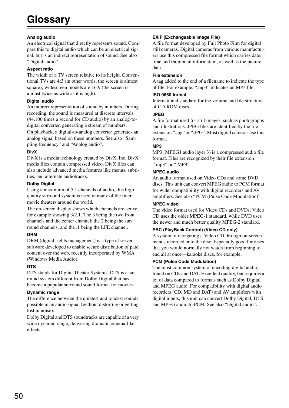 Glossary | Onkyo DV-SP305 User Manual | Page 50 / 56