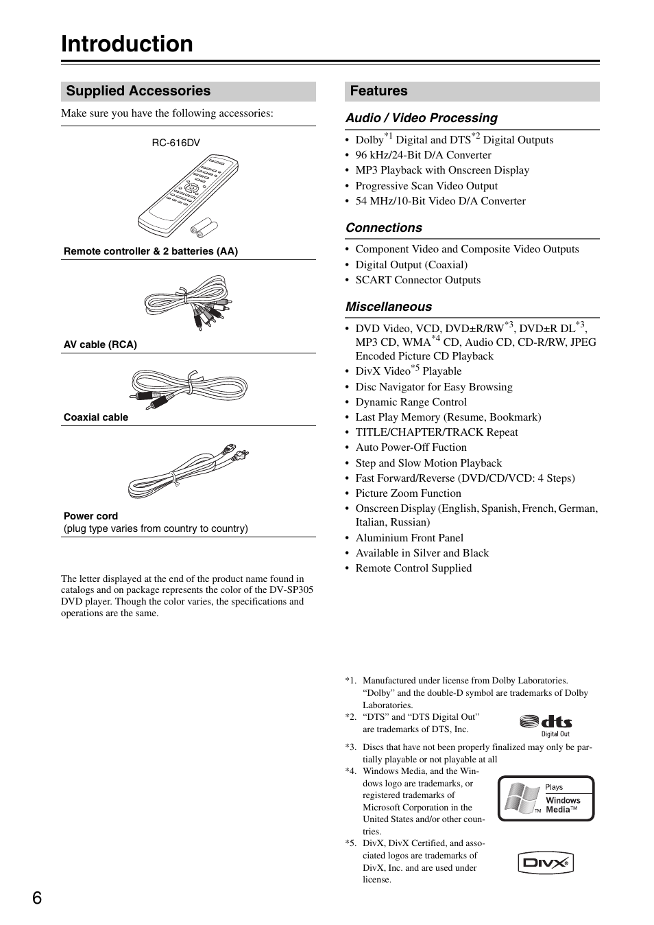 Introduction, Supplied accessories, Features | Onkyo DV-SP305 User Manual | Page 6 / 56