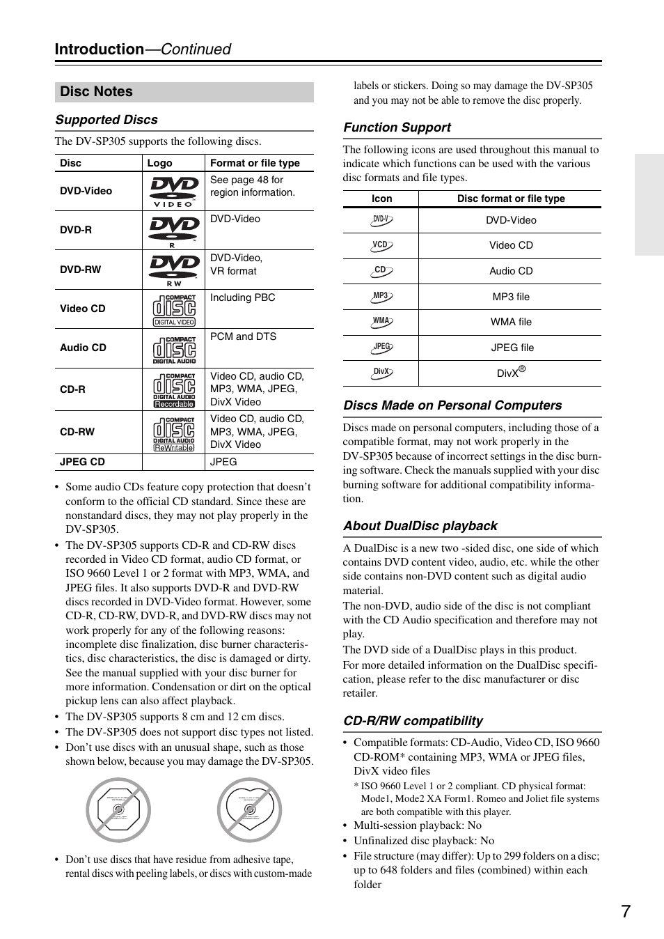 Introduction —continued | Onkyo DV-SP305 User Manual | Page 7 / 56